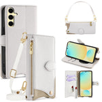For Samsung Galaxy S24 FE Leather Case Fishtail Design Folding Stand Wallet Phone Cover with Mirror Long Strap Short Strap