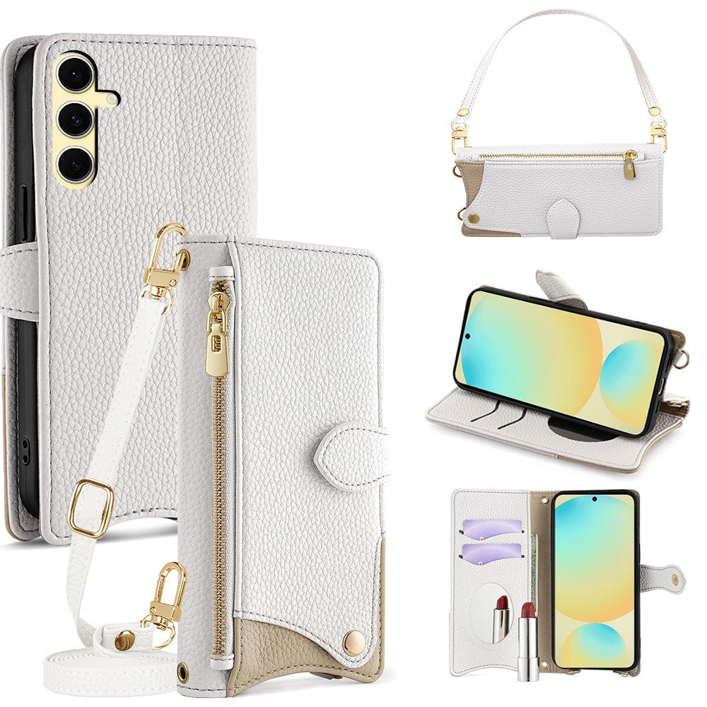For Samsung Galaxy S24 FE Leather Case Fishtail Design Folding Stand Wallet Phone Cover with Mirror Long Strap Short Strap