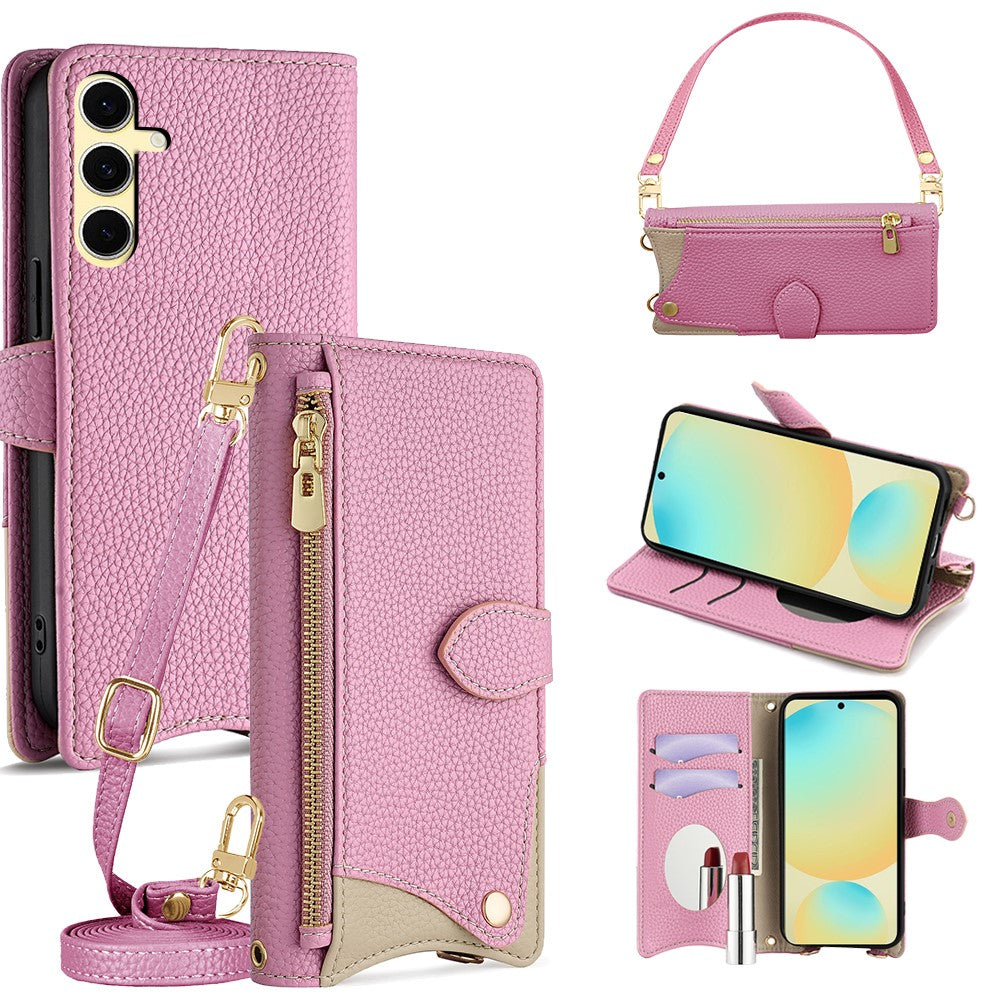 For Samsung Galaxy S24 FE Leather Case Fishtail Design Folding Stand Wallet Phone Cover with Mirror Long Strap Short Strap