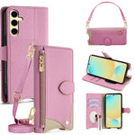 For Samsung Galaxy S24 FE Leather Case Fishtail Design Folding Stand Wallet Phone Cover with Mirror Long Strap Short Strap