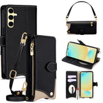 For Samsung Galaxy S24 FE Leather Case Fishtail Design Folding Stand Wallet Phone Cover with Mirror Long Strap Short Strap