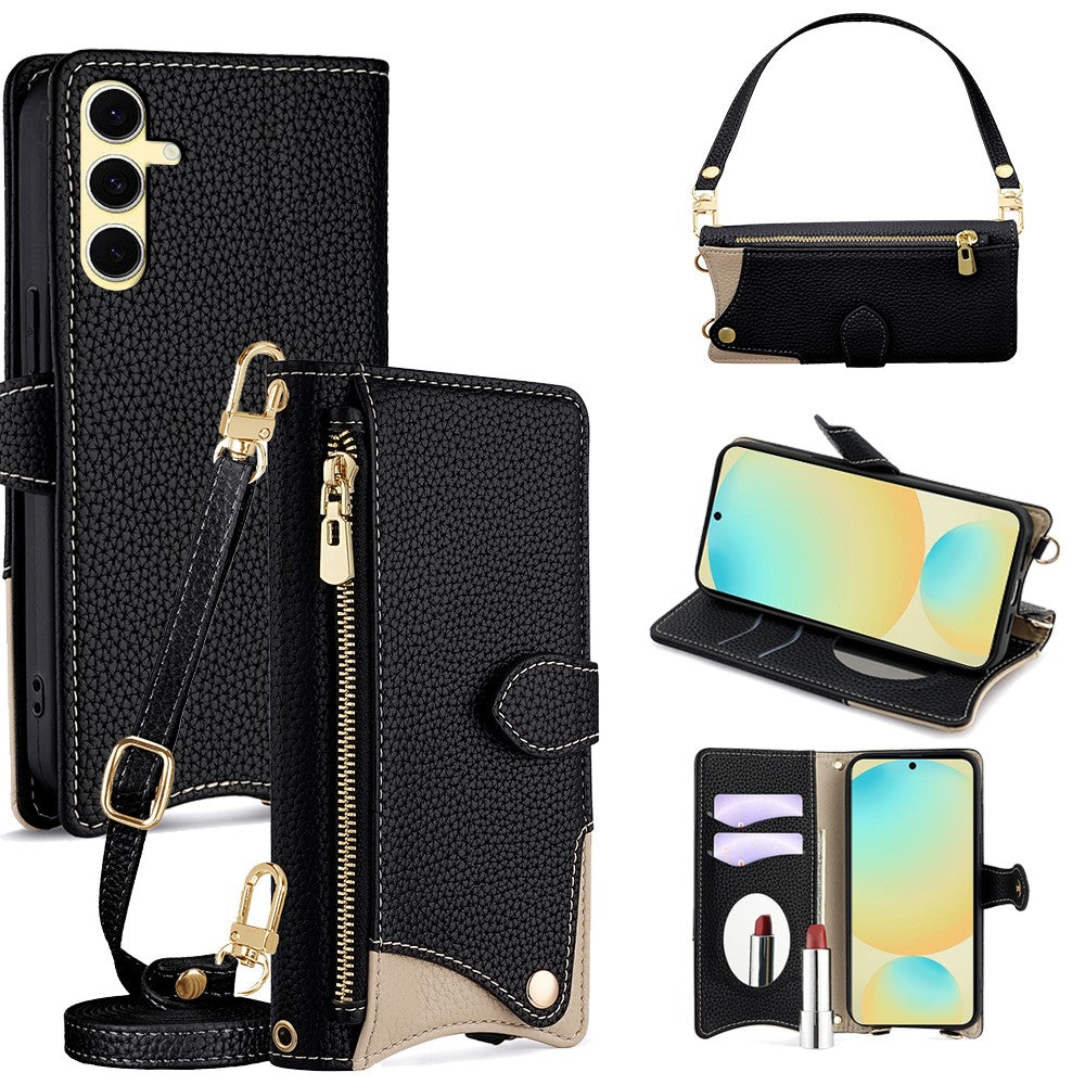 For Samsung Galaxy S24 FE Leather Case Fishtail Design Folding Stand Wallet Phone Cover with Mirror Long Strap Short Strap