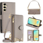 For Samsung Galaxy S24 FE Leather Case Fishtail Design Folding Stand Wallet Phone Cover with Mirror Long Strap Short Strap
