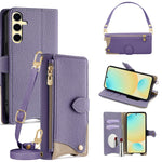 For Samsung Galaxy S24 FE Leather Case Fishtail Design Folding Stand Wallet Phone Cover with Mirror Long Strap Short Strap