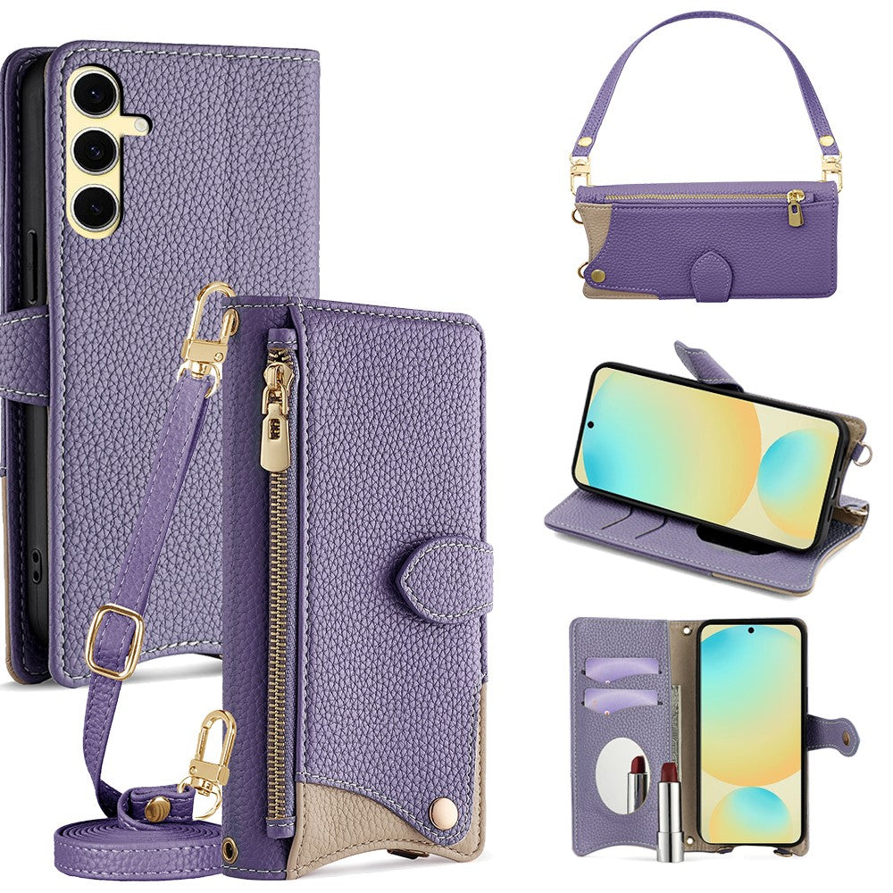 For Samsung Galaxy S24 FE Leather Case Fishtail Design Folding Stand Wallet Phone Cover with Mirror Long Strap Short Strap