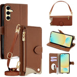 For Samsung Galaxy S24 FE Leather Case Fishtail Design Folding Stand Wallet Phone Cover with Mirror Long Strap Short Strap