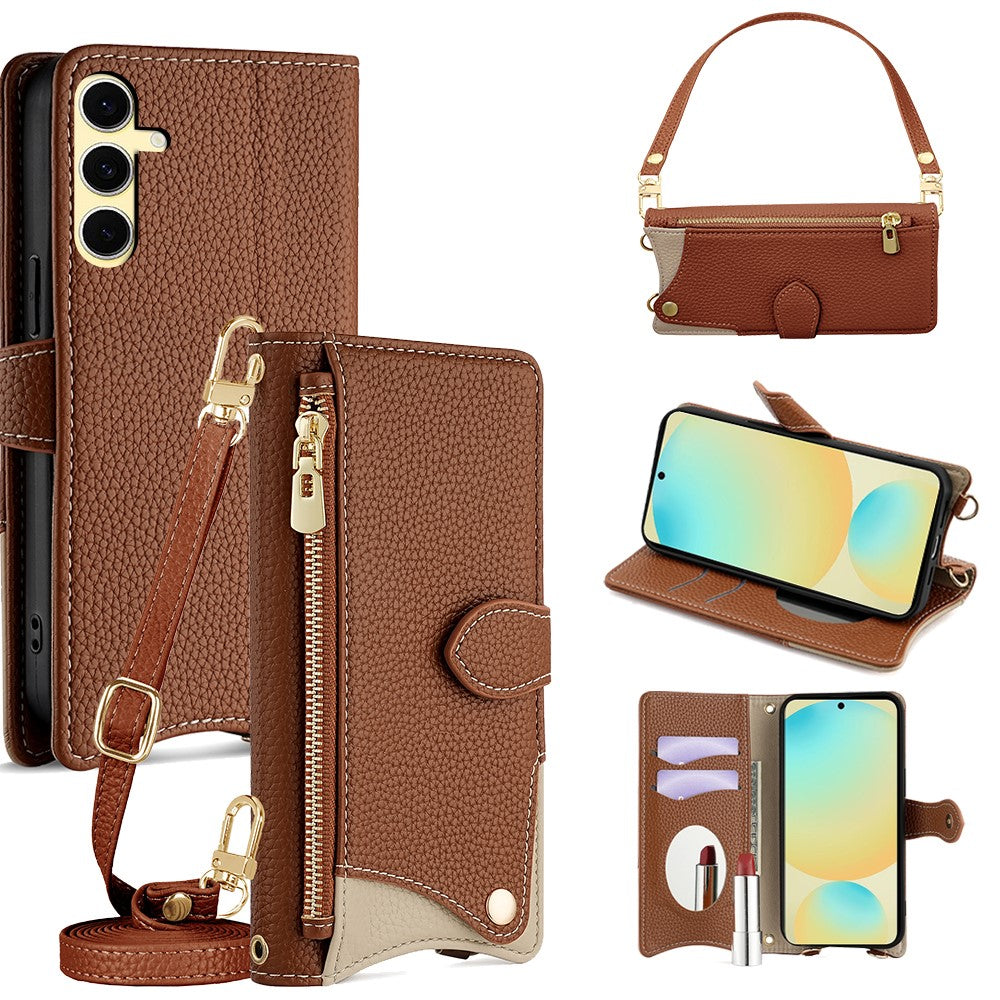 For Samsung Galaxy S24 FE Leather Case Fishtail Design Folding Stand Wallet Phone Cover with Mirror Long Strap Short Strap