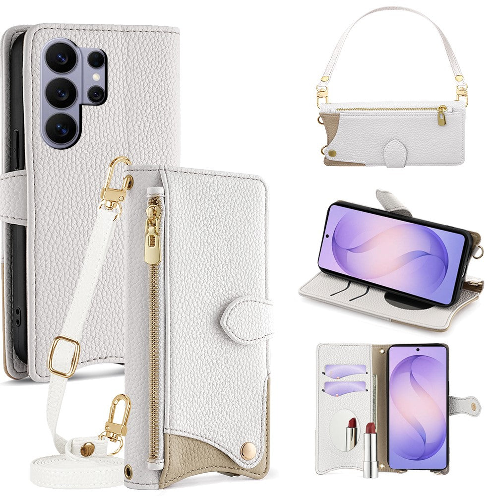 Läderfodral till Samsung Galaxy S26 Ultra med fiskstjärtsdesign, vikbart stativ, plånboksfodral med spegel, långt rem, kort rem