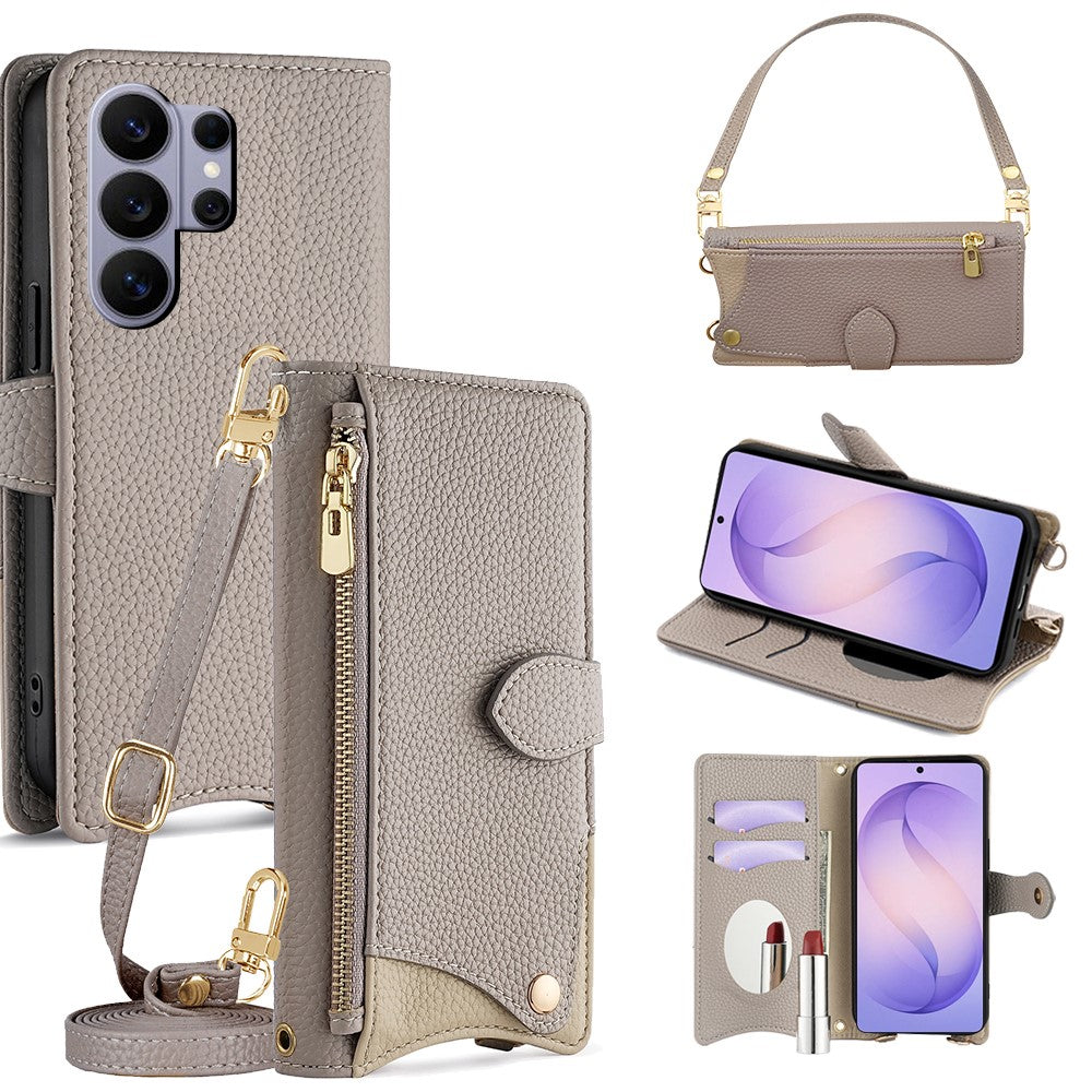 Läderfodral till Samsung Galaxy S26 Ultra med fiskstjärtsdesign, vikbart stativ, plånboksfodral med spegel, långt rem, kort rem