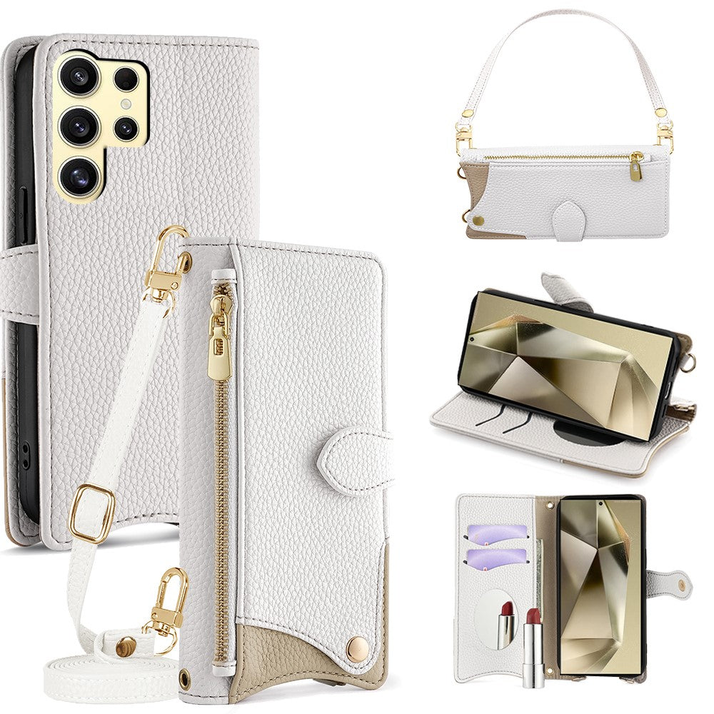 For Samsung Galaxy S24 Ultra Leather Case Fishtail Design Folding Stand Wallet Phone Cover with Mirror Long Strap Short Strap