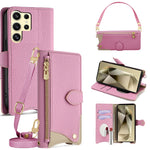 For Samsung Galaxy S24 Ultra Leather Case Fishtail Design Folding Stand Wallet Phone Cover with Mirror Long Strap Short Strap