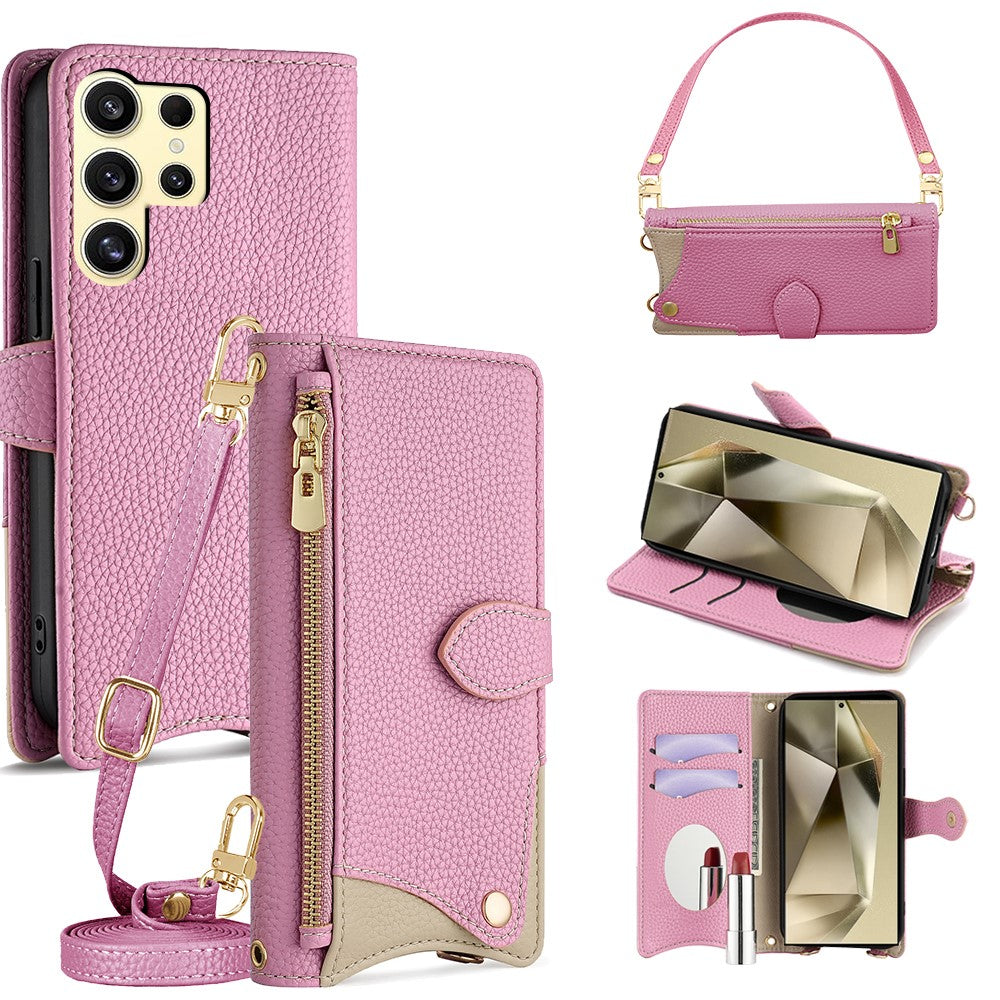 For Samsung Galaxy S24 Ultra Leather Case Fishtail Design Folding Stand Wallet Phone Cover with Mirror Long Strap Short Strap