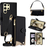 For Samsung Galaxy S24 Ultra Leather Case Fishtail Design Folding Stand Wallet Phone Cover with Mirror Long Strap Short Strap