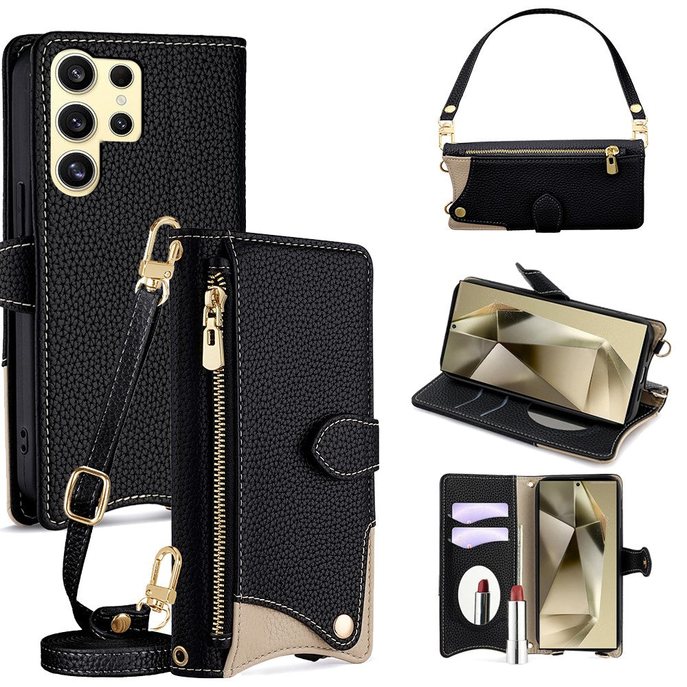 For Samsung Galaxy S24 Ultra Leather Case Fishtail Design Folding Stand Wallet Phone Cover with Mirror Long Strap Short Strap