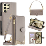 For Samsung Galaxy S24 Ultra Leather Case Fishtail Design Folding Stand Wallet Phone Cover with Mirror Long Strap Short Strap