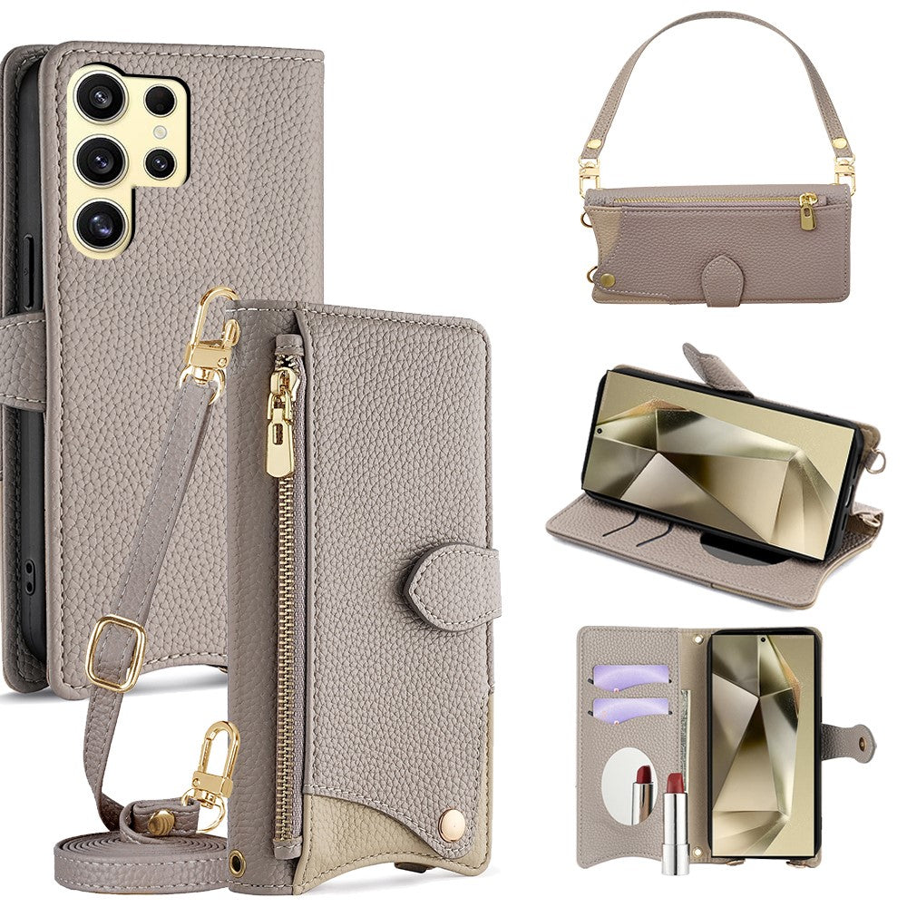For Samsung Galaxy S24 Ultra Leather Case Fishtail Design Folding Stand Wallet Phone Cover with Mirror Long Strap Short Strap