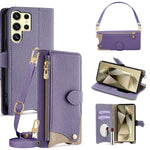 For Samsung Galaxy S24 Ultra Leather Case Fishtail Design Folding Stand Wallet Phone Cover with Mirror Long Strap Short Strap