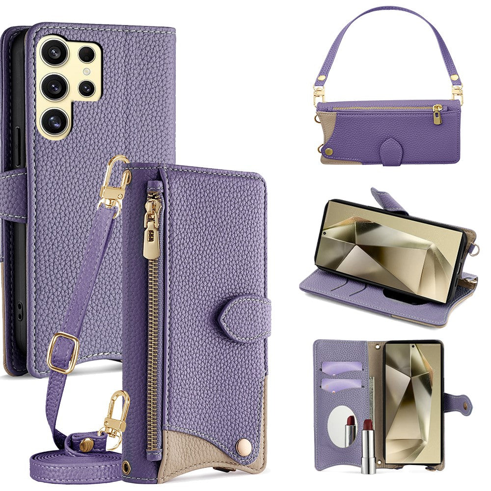 For Samsung Galaxy S24 Ultra Leather Case Fishtail Design Folding Stand Wallet Phone Cover with Mirror Long Strap Short Strap