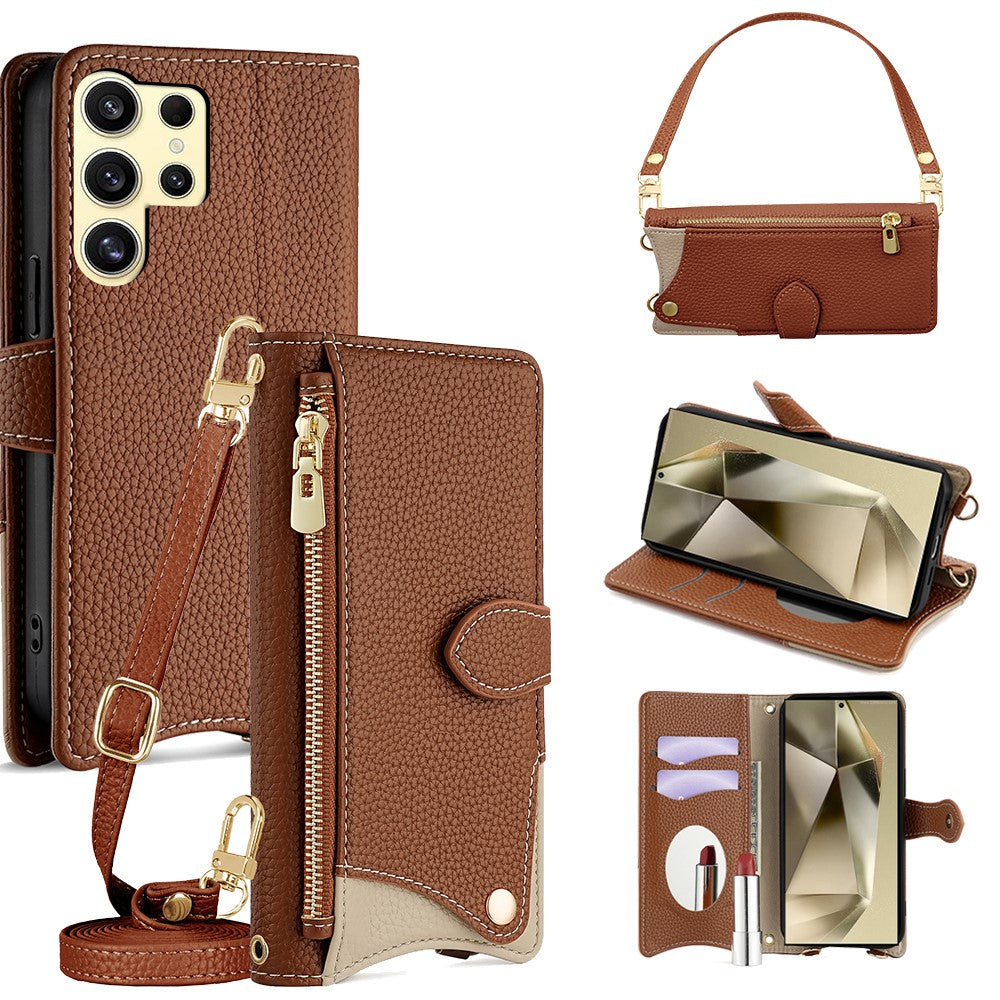 For Samsung Galaxy S24 Ultra Leather Case Fishtail Design Folding Stand Wallet Phone Cover with Mirror Long Strap Short Strap