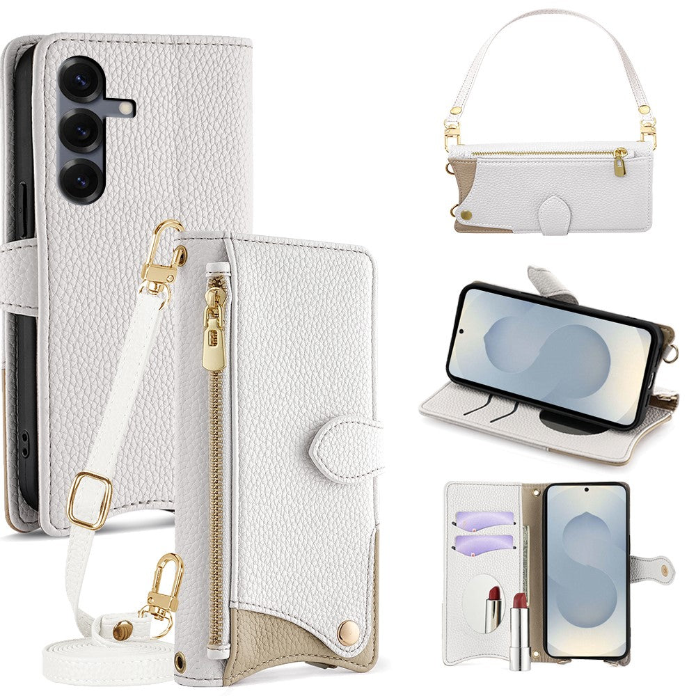For Samsung Galaxy S25 Leather Case Fishtail Design Folding Stand Wallet Phone Cover with Mirror Long Strap Short Strap