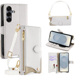 For Samsung Galaxy S25 Leather Case Fishtail Design Folding Stand Wallet Phone Cover with Mirror Long Strap Short Strap