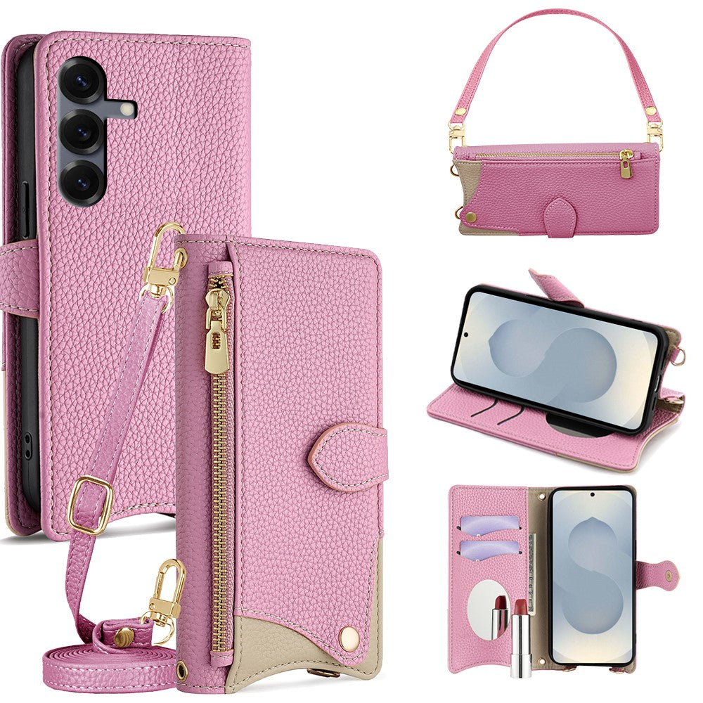 For Samsung Galaxy S25 Leather Case Fishtail Design Folding Stand Wallet Phone Cover with Mirror Long Strap Short Strap