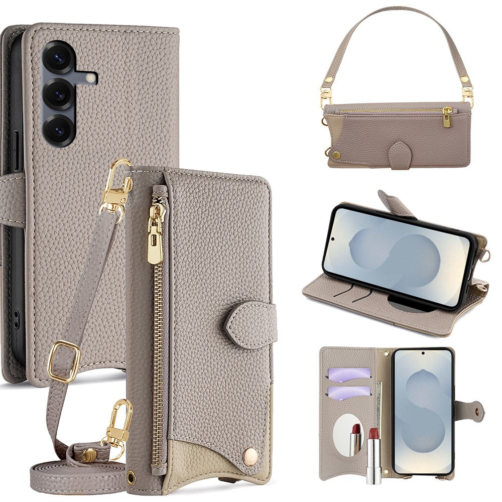 For Samsung Galaxy S25 Leather Case Fishtail Design Folding Stand Wallet Phone Cover with Mirror Long Strap Short Strap