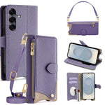 For Samsung Galaxy S25 Leather Case Fishtail Design Folding Stand Wallet Phone Cover with Mirror Long Strap Short Strap