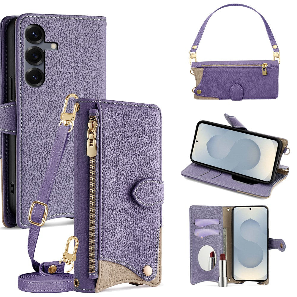 For Samsung Galaxy S25 Leather Case Fishtail Design Folding Stand Wallet Phone Cover with Mirror Long Strap Short Strap