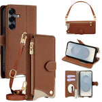 For Samsung Galaxy S25 Leather Case Fishtail Design Folding Stand Wallet Phone Cover with Mirror Long Strap Short Strap