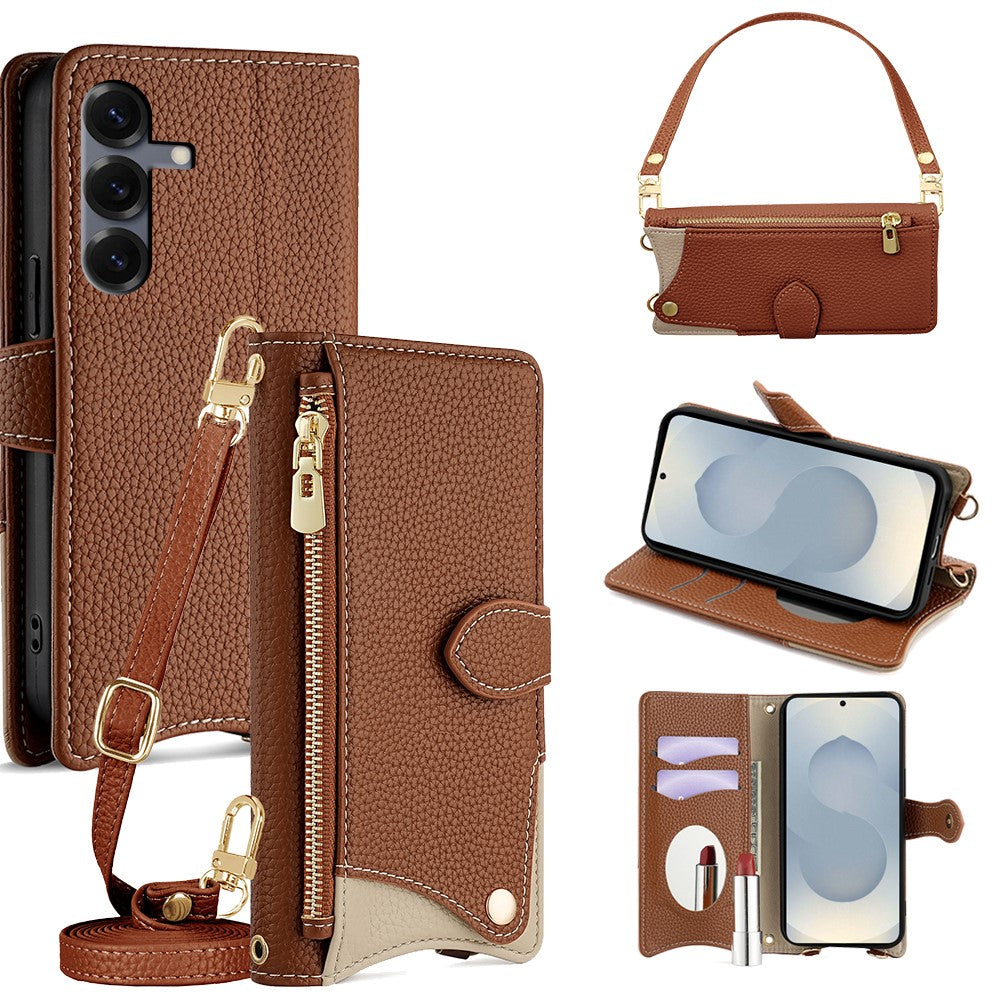 For Samsung Galaxy S25 Leather Case Fishtail Design Folding Stand Wallet Phone Cover with Mirror Long Strap Short Strap