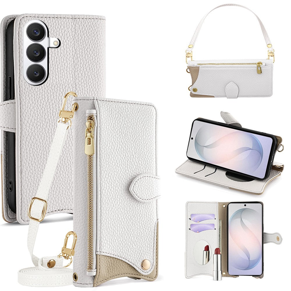 Läderfodral för Samsung Galaxy S26 med fiskstjärtsdesign, vikbart stativ, plånboksfodral med spegel, långt rem, kort rem