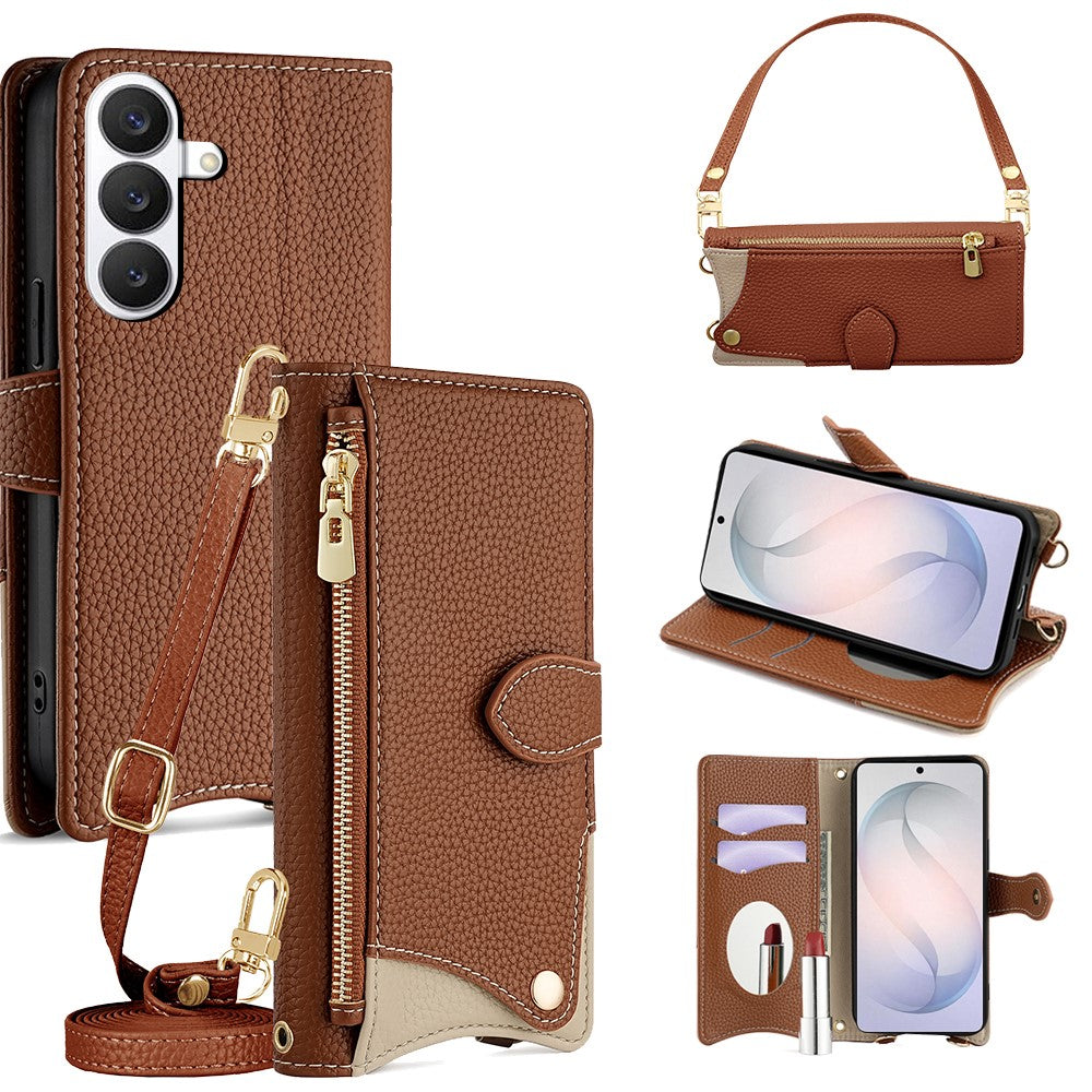 For Samsung Galaxy S26 Leather Case Fishtail Design Folding Stand Wallet Phone Cover with Mirror Long Strap Short Strap