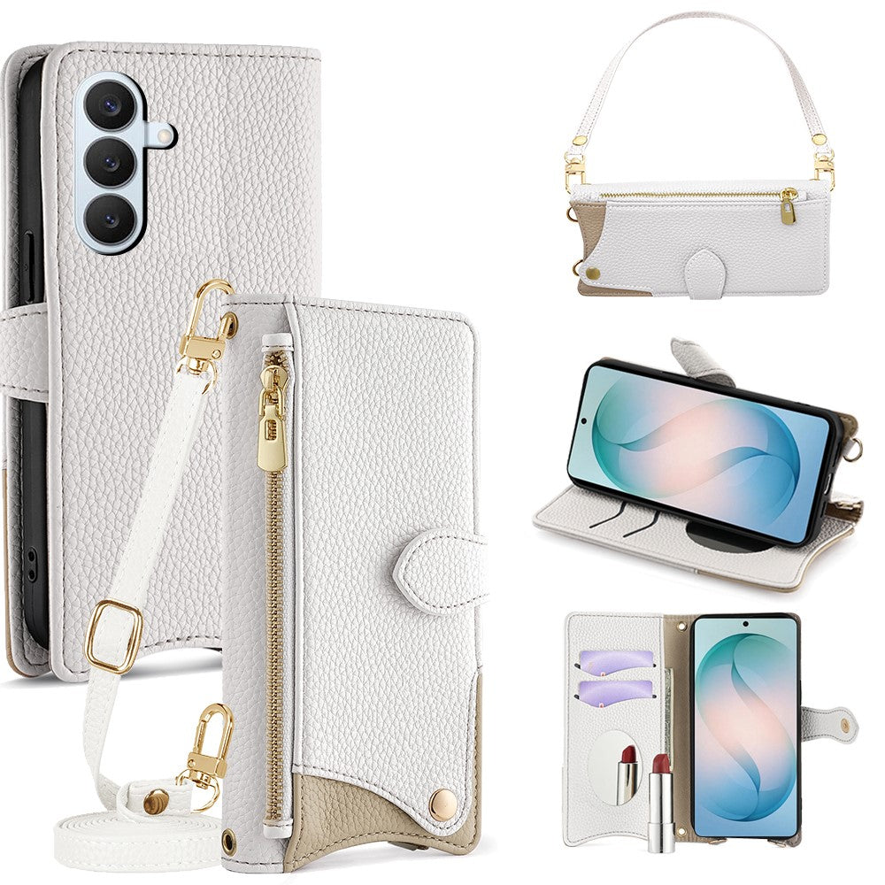 Läderfodral för Samsung Galaxy S26+ med fiskstjärtsdesign, vikbart stativ, plånboksfodral med spegel, långt armband, kort armband