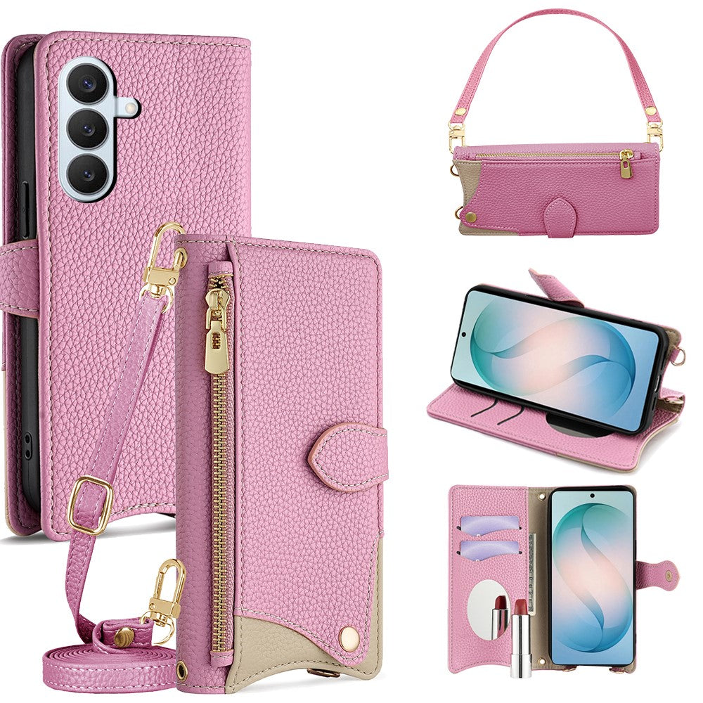 Läderfodral för Samsung Galaxy S26+ med fiskstjärtsdesign, vikbart stativ, plånboksfodral med spegel, långt armband, kort armband