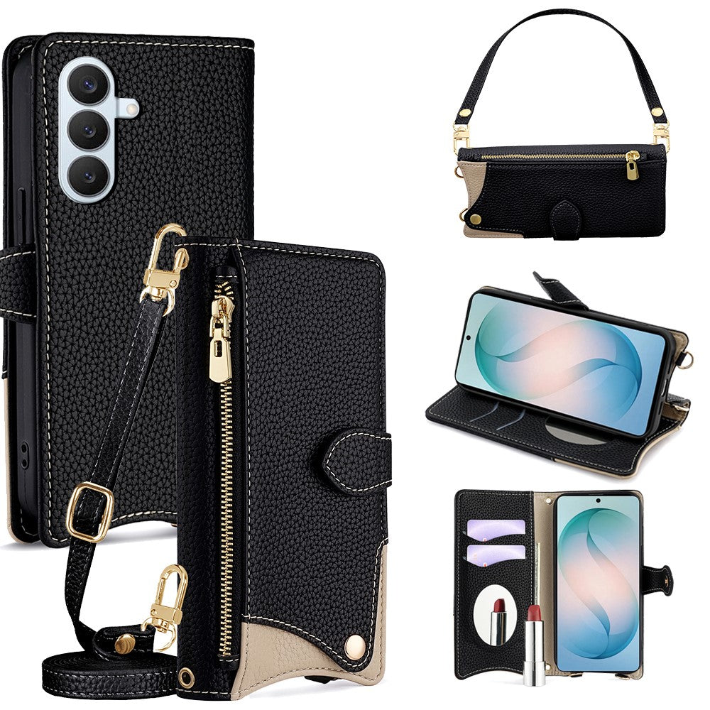 Läderfodral för Samsung Galaxy S26+ med fiskstjärtsdesign, vikbart stativ, plånboksfodral med spegel, långt armband, kort armband