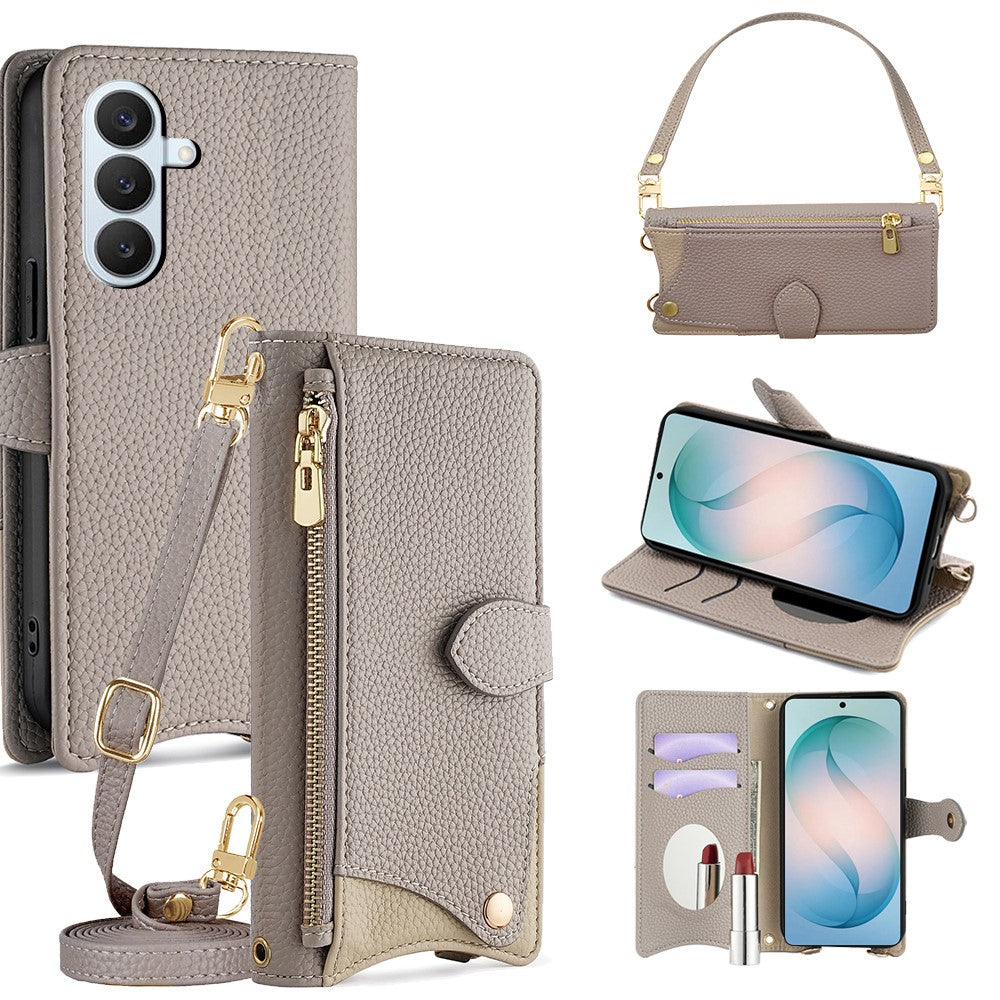 Läderfodral för Samsung Galaxy S26+ med fiskstjärtsdesign, vikbart stativ, plånboksfodral med spegel, långt armband, kort armband