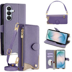 Läderfodral för Samsung Galaxy S26+ med fiskstjärtsdesign, vikbart stativ, plånboksfodral med spegel, långt armband, kort armband