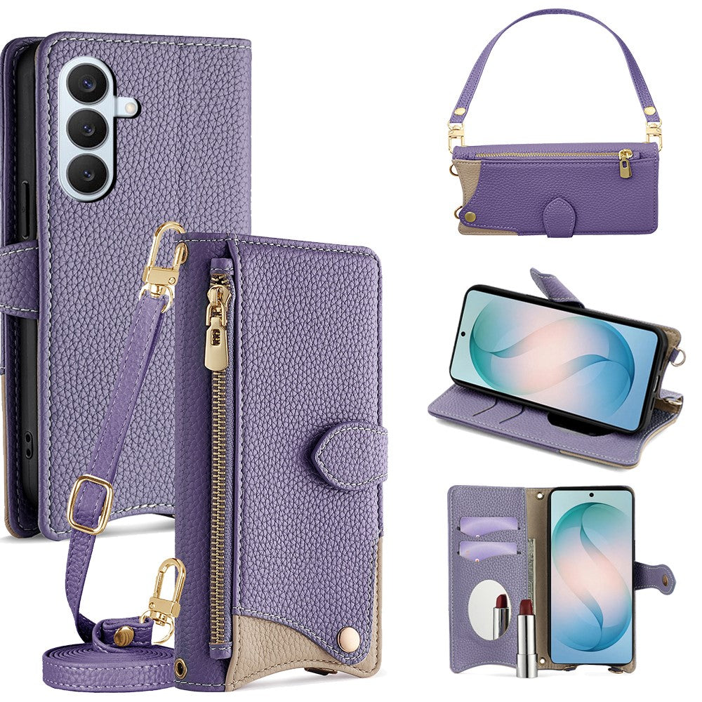 Läderfodral för Samsung Galaxy S26+ med fiskstjärtsdesign, vikbart stativ, plånboksfodral med spegel, långt armband, kort armband