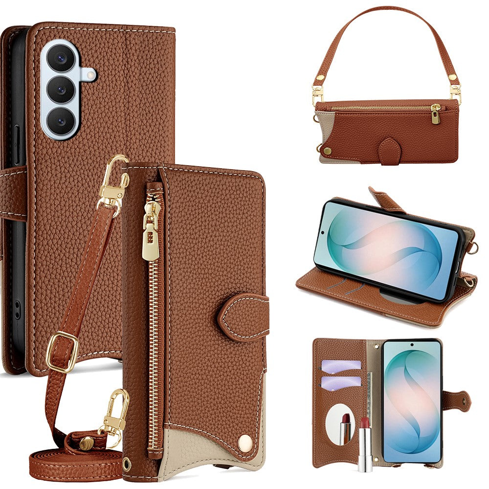 Läderfodral för Samsung Galaxy S26+ med fiskstjärtsdesign, vikbart stativ, plånboksfodral med spegel, långt armband, kort armband