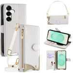 For Samsung Galaxy S25+ Leather Case Fishtail Design Folding Stand Wallet Phone Cover with Mirror Long Strap Short Strap