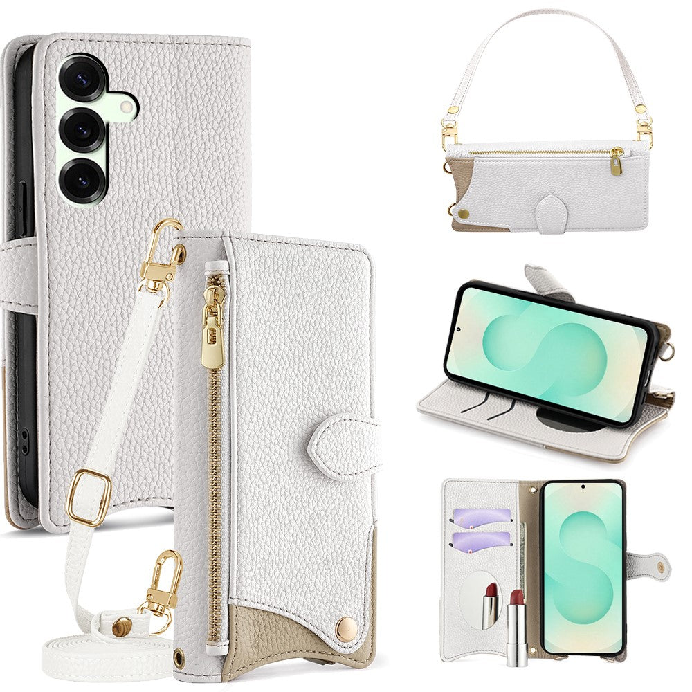 For Samsung Galaxy S25+ Leather Case Fishtail Design Folding Stand Wallet Phone Cover with Mirror Long Strap Short Strap