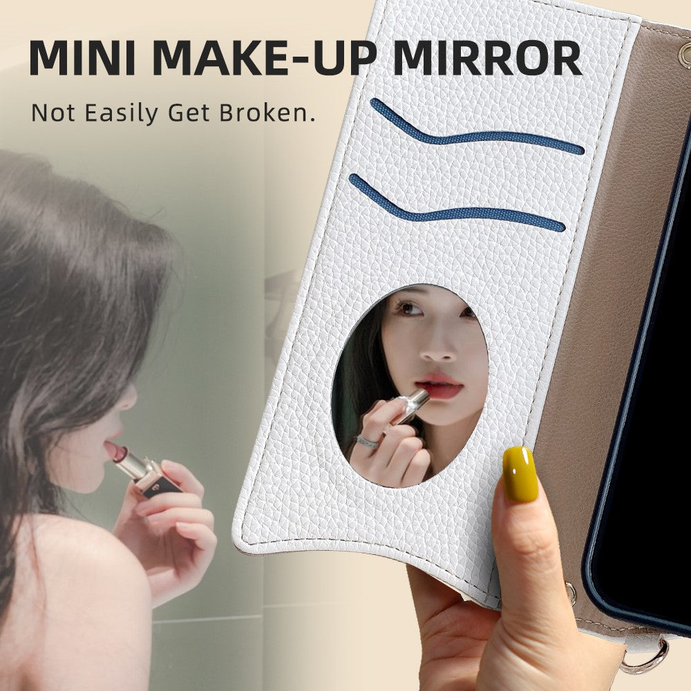For Samsung Galaxy S25+ Leather Case Fishtail Design Folding Stand Wallet Phone Cover with Mirror Long Strap Short Strap
