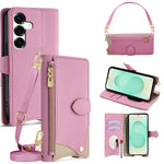 For Samsung Galaxy S25+ Leather Case Fishtail Design Folding Stand Wallet Phone Cover with Mirror Long Strap Short Strap