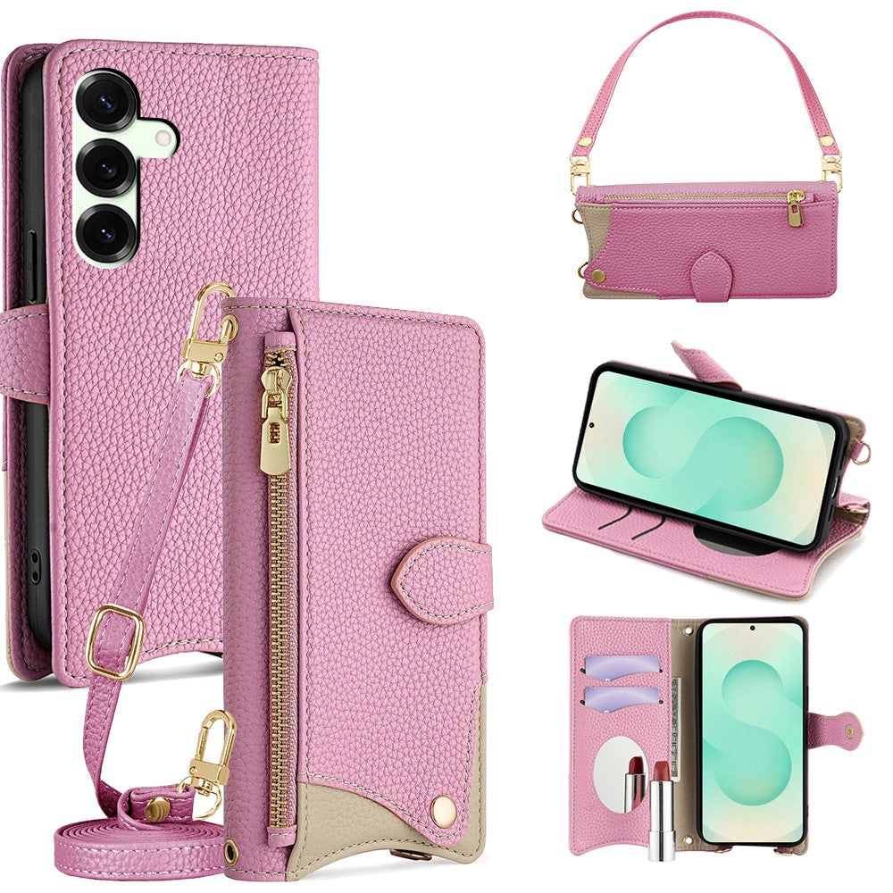 For Samsung Galaxy S25+ Leather Case Fishtail Design Folding Stand Wallet Phone Cover with Mirror Long Strap Short Strap