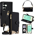 For Samsung Galaxy S25+ Leather Case Fishtail Design Folding Stand Wallet Phone Cover with Mirror Long Strap Short Strap