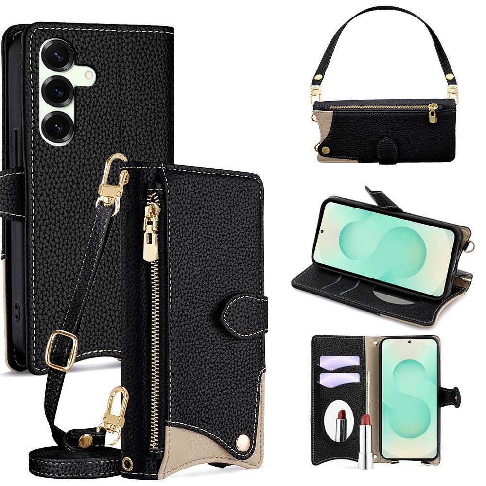 For Samsung Galaxy S25+ Leather Case Fishtail Design Folding Stand Wallet Phone Cover with Mirror Long Strap Short Strap