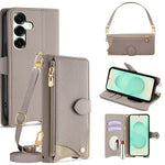 For Samsung Galaxy S25+ Leather Case Fishtail Design Folding Stand Wallet Phone Cover with Mirror Long Strap Short Strap