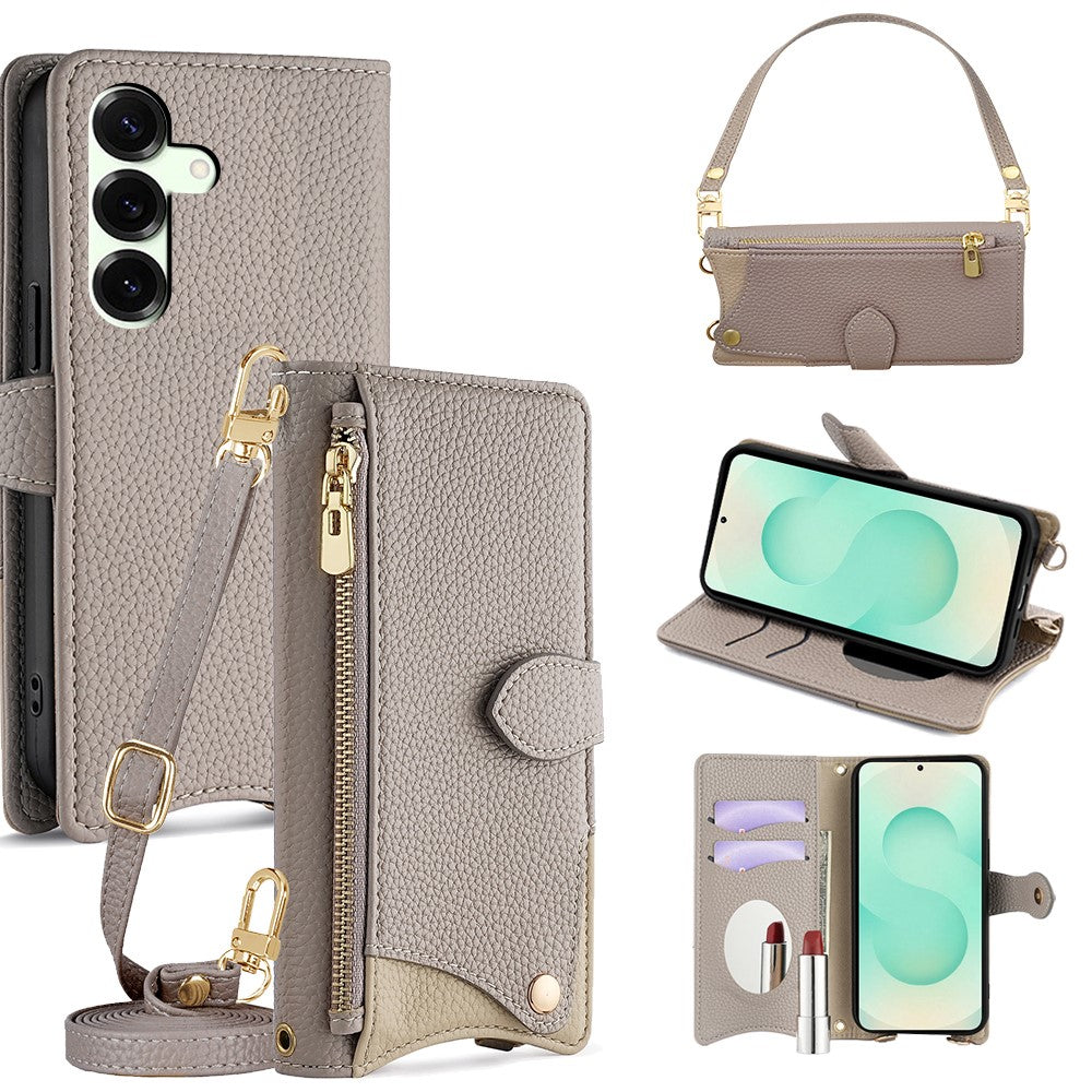 For Samsung Galaxy S25+ Leather Case Fishtail Design Folding Stand Wallet Phone Cover with Mirror Long Strap Short Strap