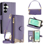 For Samsung Galaxy S25+ Leather Case Fishtail Design Folding Stand Wallet Phone Cover with Mirror Long Strap Short Strap